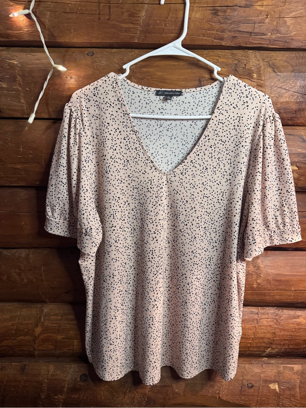 Adrianna Papell Blush Pink V-Neck Flutter Sleeve Top with Black Dot Print